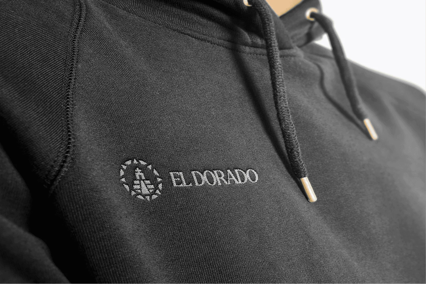 El Dorado: Black Hoodie Mockup w El Dorado Logo Embroidered 3